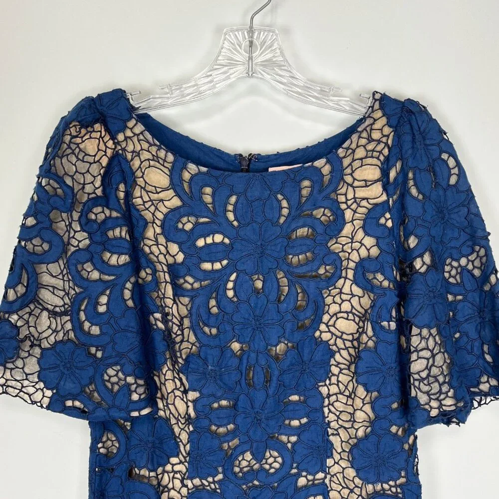 Tracy Reese Womens Blue Lace Overlay Short Sleeve Dress Linen Cotton size 2 - Picture 2 of 10